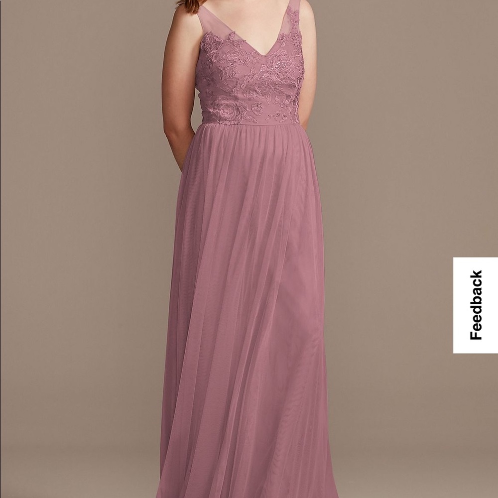 David’s Bridal V-Neck Embroidered Soft Net Bridesmaid Dress